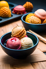 Fototapeta na wymiar Set of bowls with various colorful Ice Cream scoops with different flavors dressing with fresh ingredients