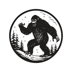 bigfoot, vintage logo line art concept black and white color, hand drawn illustration