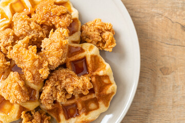 fried chicken waffle with honey or maple syrup