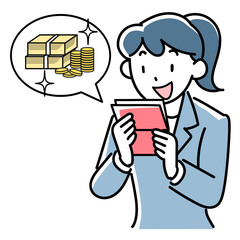 通帳を見て喜ぶビジネスウーマンの上半身