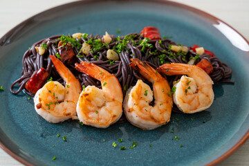 stir-fried black spaghetti with garlic and shrimps