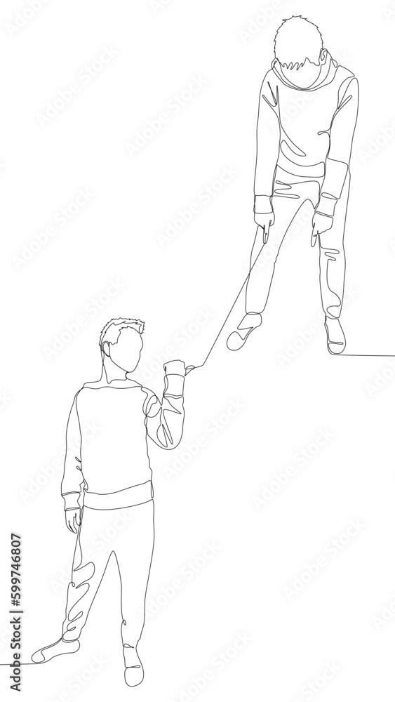 Poster one continuous line of male pointing with finger at another man. thin line illustration vector conce