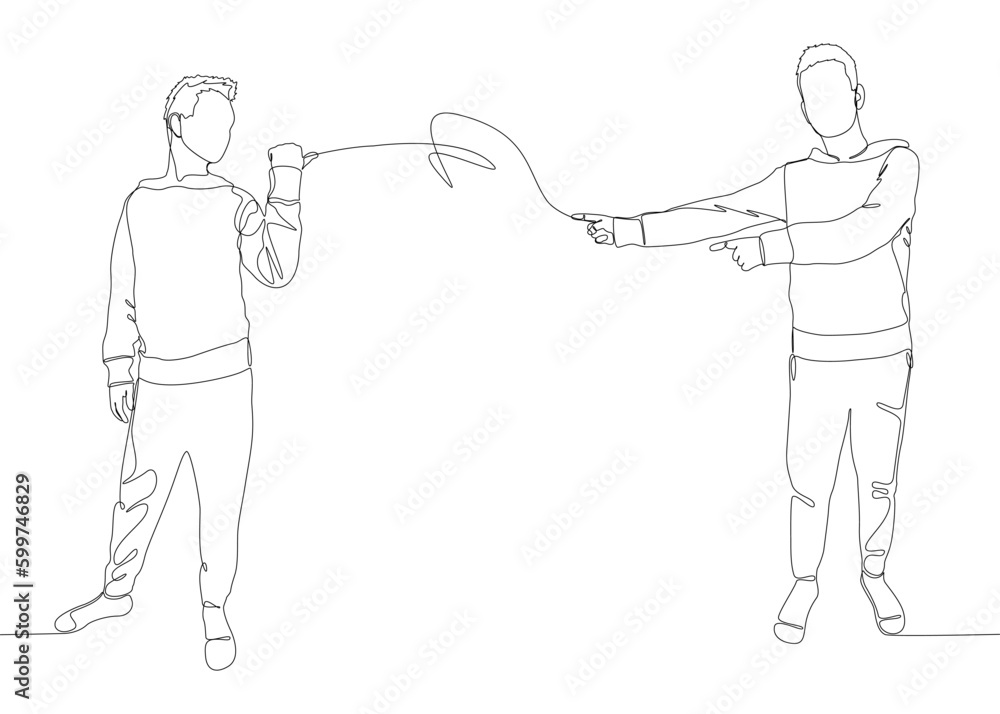 Poster one continuous line of male pointing with finger at another man. thin line illustration vector conce