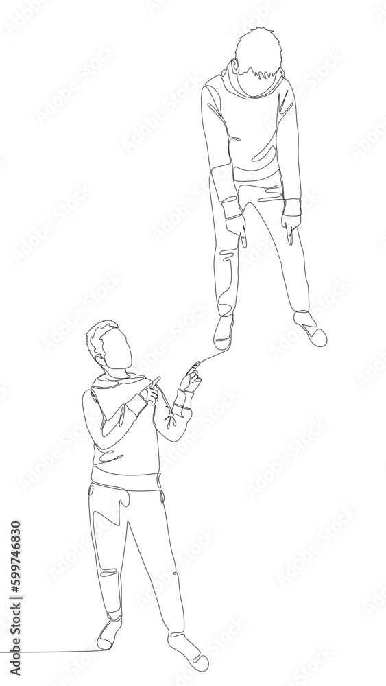 Poster one continuous line of male pointing with finger at another man. thin line illustration vector conce