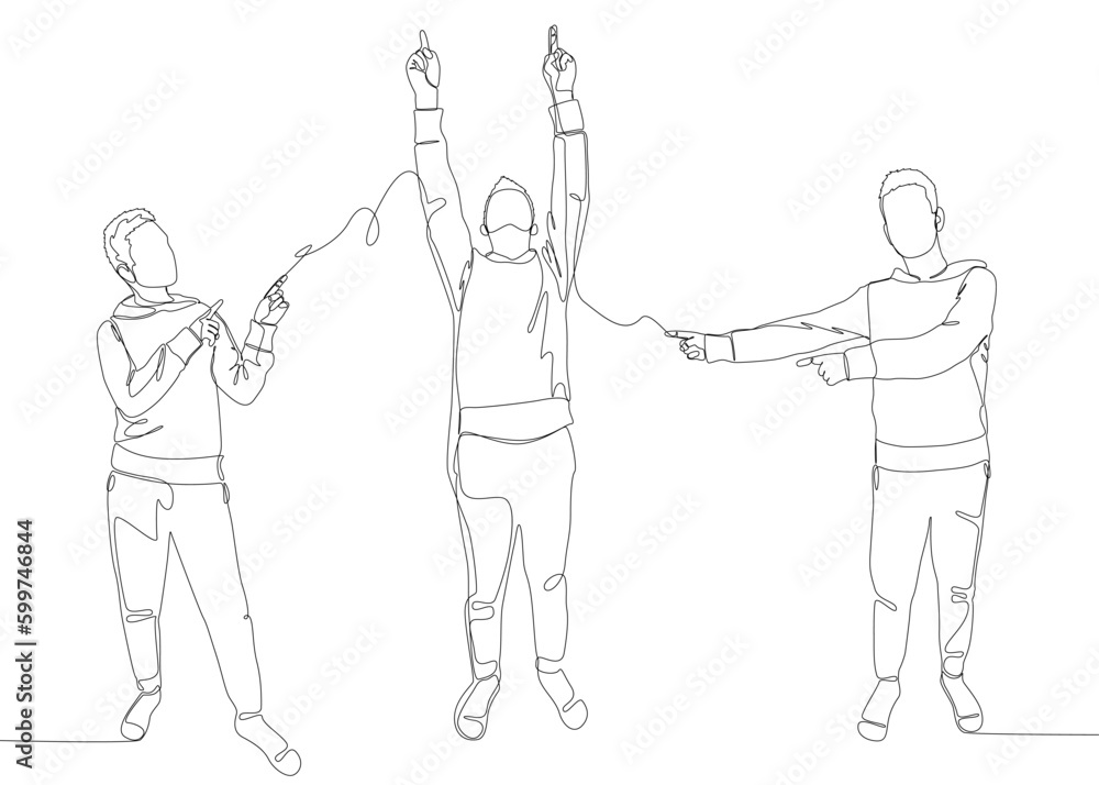 Poster one continuous line of male pointing with finger at another man. thin line illustration vector conce