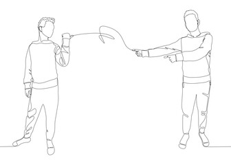 One continuous line of Male pointing with finger at another man. Thin Line Illustration vector concept. Contour Drawing Creative ideas.