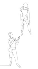 One continuous line of Male pointing with finger at another man. Thin Line Illustration vector concept. Contour Drawing Creative ideas.