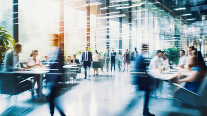 blurred business people in white glass office background, Generative AI