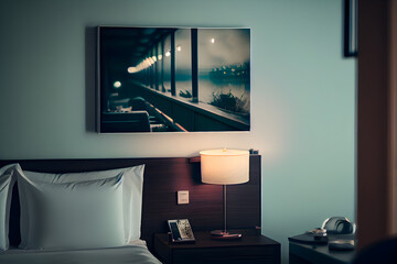 Interior of a hotel room with a bed and a nightstand. AI Generative