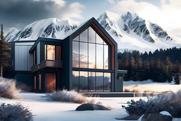 a modern cozy chalet in luxurious style. snow mountain in the background. AI Generative