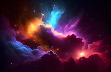 Obraz na płótnie Canvas Abstract background with bright glowing nebula and stars. AI Generative