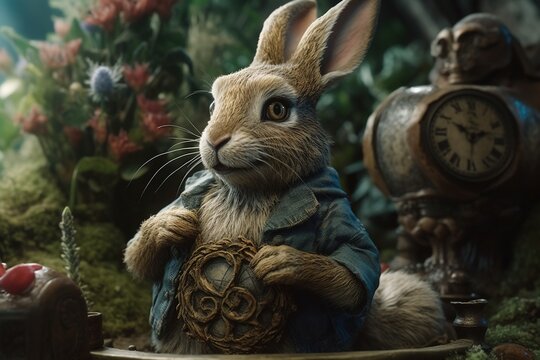 Alice in Wonderland. Cheshire cat white rabbit, Alice in blue dress drink tea. Alice through the Looking Glass. Generative AI
