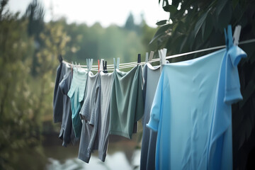 Generative AI. T-shirts hanging on a clothesline in front of blue sky and sun. Clothes hanging to dry. Colorful clothes hanging on the clothesline, on the porch on a laundry day. clothes hanging