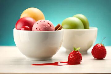 Set of bowls with various colorful Ice Cream scoops with different flavors dressing with fresh ingredients
