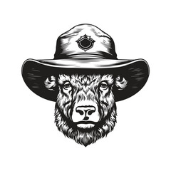 bison head in bucket hat, vintage logo line art concept black and white color, hand drawn illustration