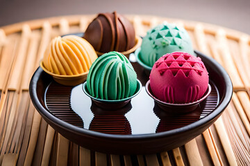 Set of bowls with various colorful Ice Cream scoops with different flavors dressing with fresh ingredients