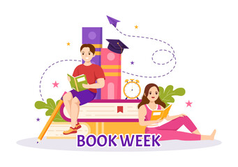 Book Week Events Vector Illustration with People Reading or Students Study Textbooks in Flat Cartoon Hand Drawn Landing Page Templates