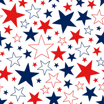 Seamless pattern with red, white and blue stars on a transparent background