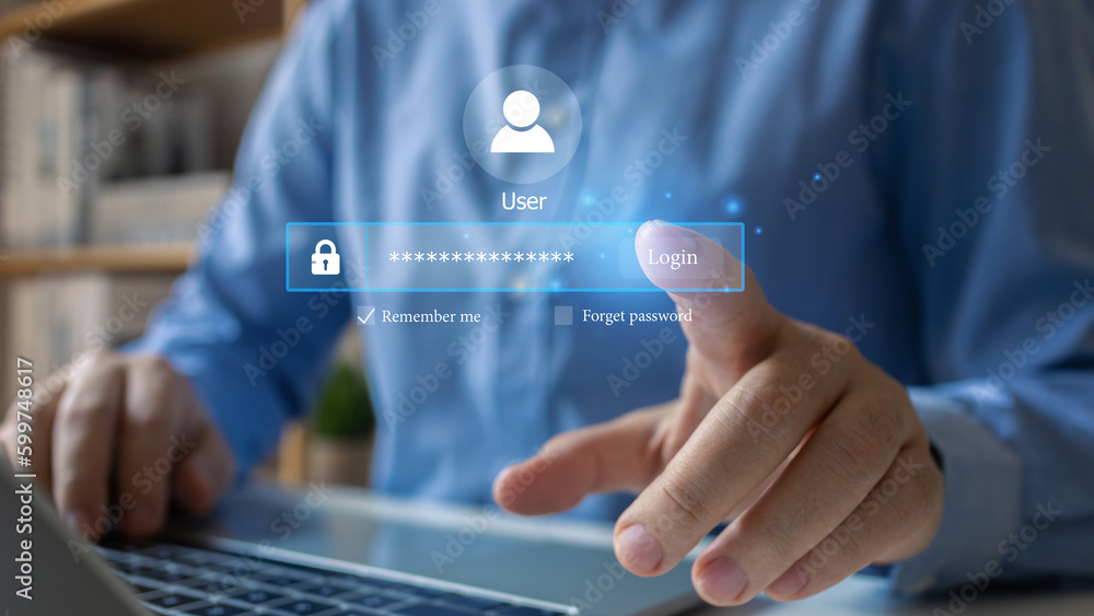 Poster password box in internet browser, social media private data privacy usage, protected to login on the