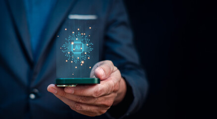 AI technology concept, businessman using AI or artificial intelligence from mobile phone a software for support human life