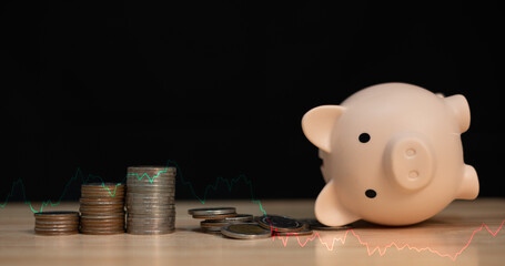 piggy bank fail, symbol of money saving in bank but from economy or dollar inflation result to bank run and people loss money