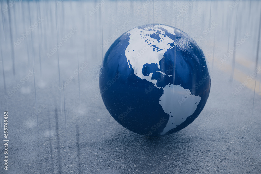 Poster conceptual image of the earth experiencing heavy rainfall due to global climate change. 3d rendering