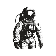astronaut, vintage logo line art concept black and white color, hand drawn illustration