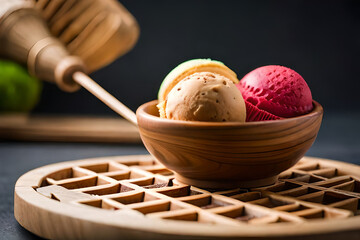 Set of bowls with various colorful Ice Cream scoops with different flavors dressing with fresh ingredients