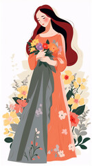 Young happy woman holding flowers, generative ai illustration.