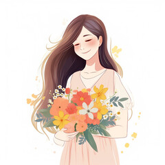 Young happy woman holding flowers, generative ai illustration.