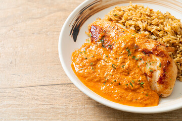 grilled chicken steak with red curry sauce and rice