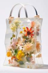 Flowers in a transparent handbag.