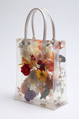 Flowers in a transparent handbag.