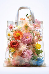 Flowers in a transparent handbag.