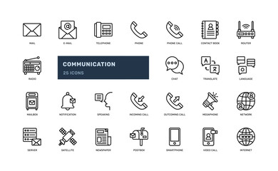 communication and telecommunication connection network contact phone detailed outline line icon set