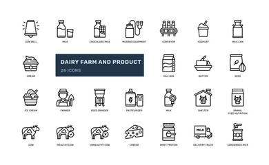 Dairy Farm Agriculture and Dairy Product from Cow livestock detailed outline line icon set