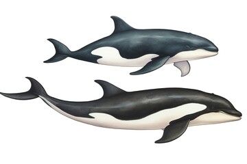 two orca whales in black and white on a white background Generative AI