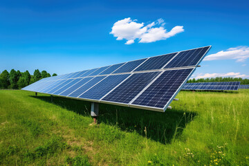 Solar panels under the blue sky and white clouds.