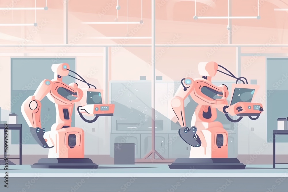 Poster two pink robots standing side by side generative ai