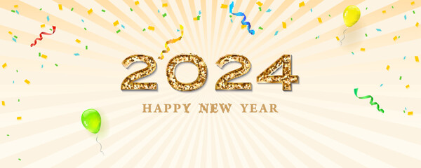 Happy New Year 2024. Golden text and glitter shimmering numbers.