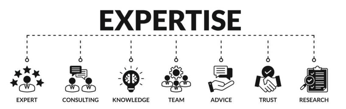 Banner of expertise web vector illustration concept with icons of expert, consulting, knowledge, team, advice, trust, research