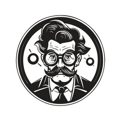mad scientist, vintage logo line art concept black and white color, hand drawn illustration