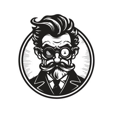 recommend clip art: mad scientist, vintage logo line art concept black and white color, hand drawn illustration