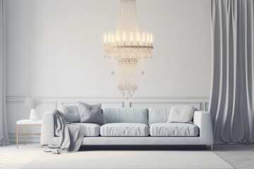 stylish living room with a luxurious couch and a sparkling chandelier Generative AI