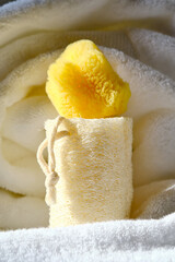 Loofah washcloth and organic sea sponge on the background of towel.