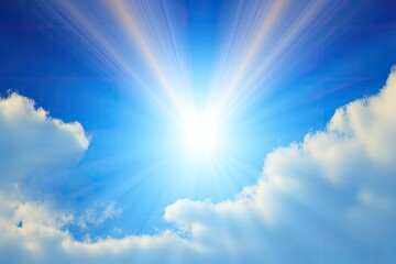 Naklejka na ściany i meble sun rays breaking through fluffy white clouds in a blue sky Generative AI
