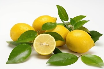 group of fresh lemons with leaves on a clean white background Generative AI