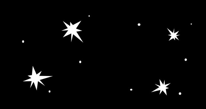 White animated shining cosmic star and sparkle shapes on black background in doodle style. Sketchy pulsing, twinkling motion graphic cartoon elements. Alpha channel. Hand drawn stars.