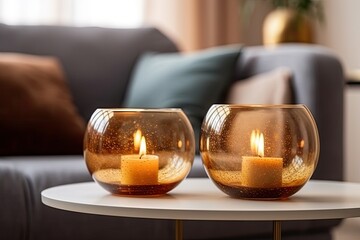 two lit candles casting a warm glow in a cozy living room setting Generative AI