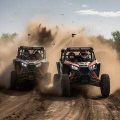 Obraz premium Two Side By Sides Racing aggressively through the sand 